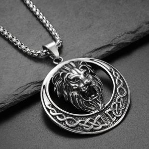Collier pendentif tête de lion style hip hop en acier inoxydable argenté pour homme