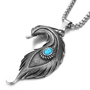 Pendentif plume vintage avec turquoise en acier titane vieilli pour hommes et femmes