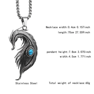 Dimensions détaillées du pendentif plume turquoise et specs du collier en acier inoxydable