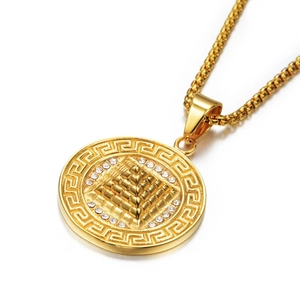 Collier Pendentif Disque Pyramide Or Hip Hop pour Unisexe en Acier Inoxydable Clé Grecque Strass Bijoux Street Trendy