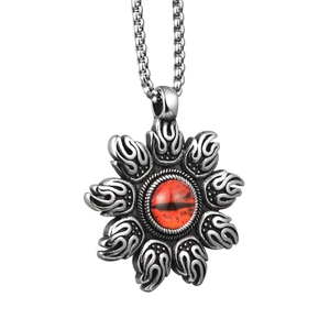 Collier hip hop en acier titane avec pendentif œil de flamme vintage et perle centrale rouge