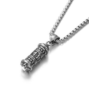 Collier avec pendentif cylindrique en acier inoxydable et mantra sanskrit gravé pour hommes