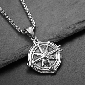 Collana con ciondolo a bussola hip hop in argento vintage con robusta catena a scatola