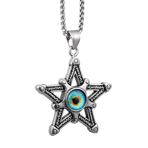 Vintage silver star pendant necklace with blue evil eye stone and mystic runes on long chain