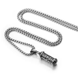 Collier vintage en acier inoxydable argenté avec pendentif cylindrique mantra pour unisexe