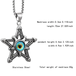 Detailed macro view of punk stainless steel necklace with blue eye star pendant dimensions