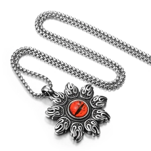 Collier pendentif soleil flamme hip hop vintage avec pierre œil rouge en acier argenté