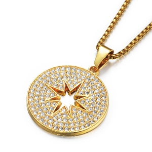 Collier hip hop doré avec pendentif cercle en strass et découpe d'étoile brillante