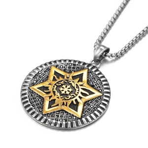 Close-up of retro titanium steel necklace with a gold hexagram star disc pendant