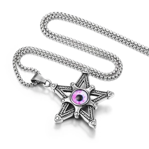 Gothic punk star necklace with purple evil eye pendant and silver bead chain