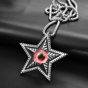 Collier pendentif pentagramme punk gothique avec œil rose réaliste et chaîne en acier