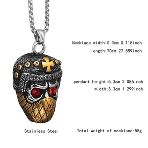 Detailed specs of stainless steel skull pendant with red stones and golden cross detail