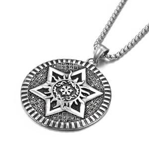 Hip hop hexagram star disc pendant necklace in silver stainless steel with black stones