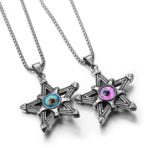 Macro detail of gothic star pendant with vibrant evil eye beads and etched mystical runes