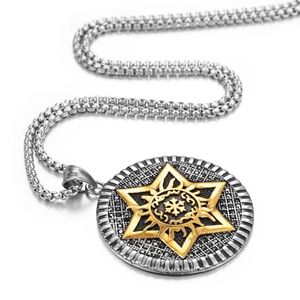 Hip hop hexagram sunburst pendant necklace in silver and gold tone titanium steel