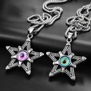 Macro detail of gothic star pendants with realistic eye inlays and rune engravings