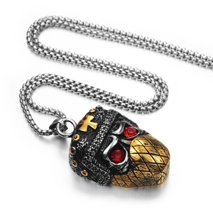 Retro hip-hop ninja skull pendant with red crystal eyes and gold cross on box chain
