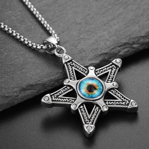 Gothic punk hexagram necklace with evil eye pendant and vintage silver metal finish