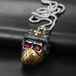 Gothic ninja skull helmet pendant with red gemstone and cross on vintage steel chain