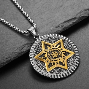 Macro shot of titanium steel necklace with a hexagram star on a black medallion pendant