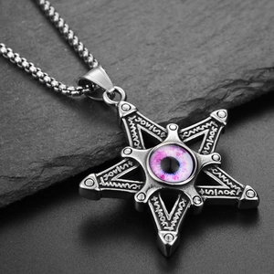 Macro shot of gothic stainless steel hexagram pendant with realistic blue eye detail