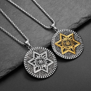 Hip Hop Hexagram Star Disc Pendant Necklace For Men Women Stainless Steel Star Of David Sun Pattern Rhinestone Gothic Jewelry