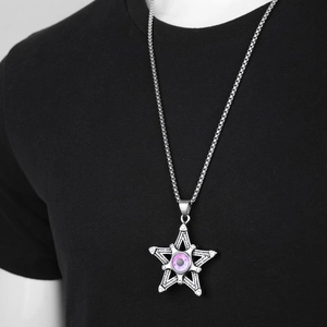 Hip hop titanium steel star necklace with purple evil eye pendant on black shirt