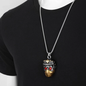 Hip hop style skull ninja pendant necklace with red crystals on a silver box chain
