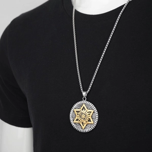 Hip-hop hexagram star sun pendant necklace in silver and gold steel for men