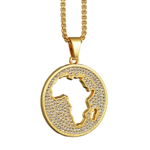 Hip hop gold necklace featuring hollow African map pendant with sparkling zircon accents