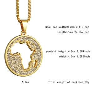 Macro view of gold African map hollow disc pendant with white rhinestones and sizing data