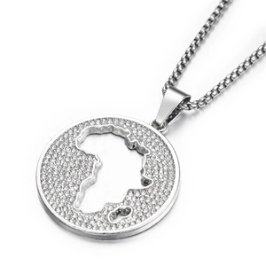 Hip hop style silver African map pendant necklace with sparkling white zircons