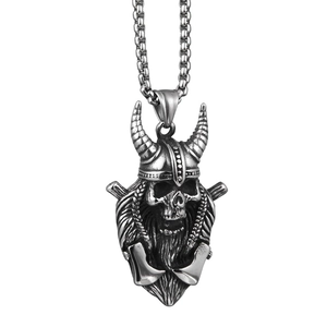 Pendentif crâne de guerrier viking avec haches doubles et chaîne box en acier rétro