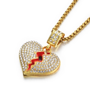 Hip-Hop Goldkette mit zerbrochenem Herz-Anhänger, Strasssteinen und roter Emaille-Einlage