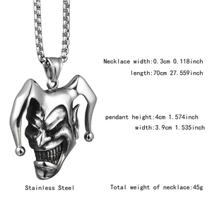 Detail view of gothic clown pendant with measurements and stainless steel box chain specs