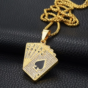 Hip hop style gold poker flush pendant with iced out crystals and box chain for men