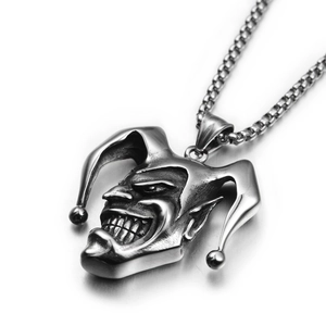 Hip hop style retro evil jester clown pendant necklace in polished titanium steel