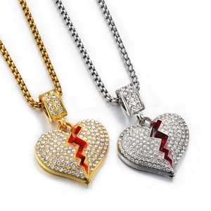 Hip Hop Hip-hop Gebrochenes Herz Anhänger Halskette Für Herren Damen Legierung Strass Pflaster Rot Emaille Streetwear Schmuck Gold Silber