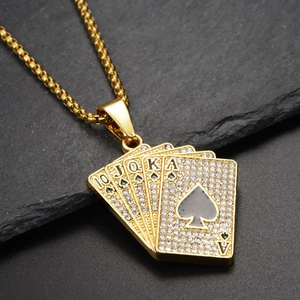 Hip hop style gold poker royal flush pendant necklace with sparkling micro diamonds