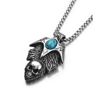 Gothic Totenkopf Anhänger Halskette Titanstahl Synthetischer Türkis Feder Flügel Anhänger Für Herren Damen Hip Hop Schmuck