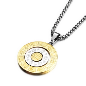 Vintage Rotatable Zodiac Pendant Necklace Stainless Steel Two Tone Chinese Bagua Amulet Jewelry For Men Women Accessory