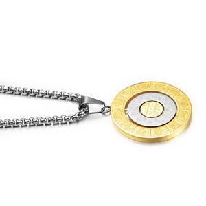 Hip hop rotating zodiac medallion necklace in gold and silver tones with metal chain
