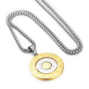 Hip hop style zodiac spinning pendant necklace in gold and silver toned stainless steel