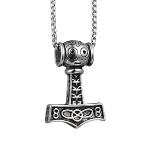 Vintage Viking Thor's Hammer pendant necklace with Rune carvings and a silver box chain