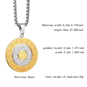 Rotating stainless steel zodiac pendant necklace detail with size and 70cm chain info