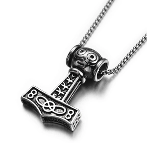 Viking Thor Hammer Mjölnir Pendant Necklace Stainless Steel Norse Runes Celtic Knot Vintage Hip Hop Antique Silver Face