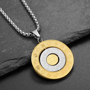 Macro detail of rotating stainless steel zodiac pendant with gold and silver finish
