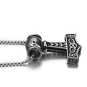 Viking Thor Hammer Mjölnir pendant necklace in vintage silver steel with Nordic runes