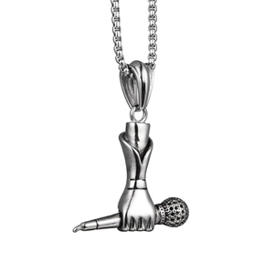 Hip Hop Stainless Steel Hand Holding Microphone Pendant Necklace Rock Punk Music Jewelry For Men Women Vintage Accessory