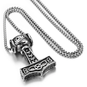 Viking Thor's Hammer Mjolnir pendant necklace in vintage silver steel with wheat chain